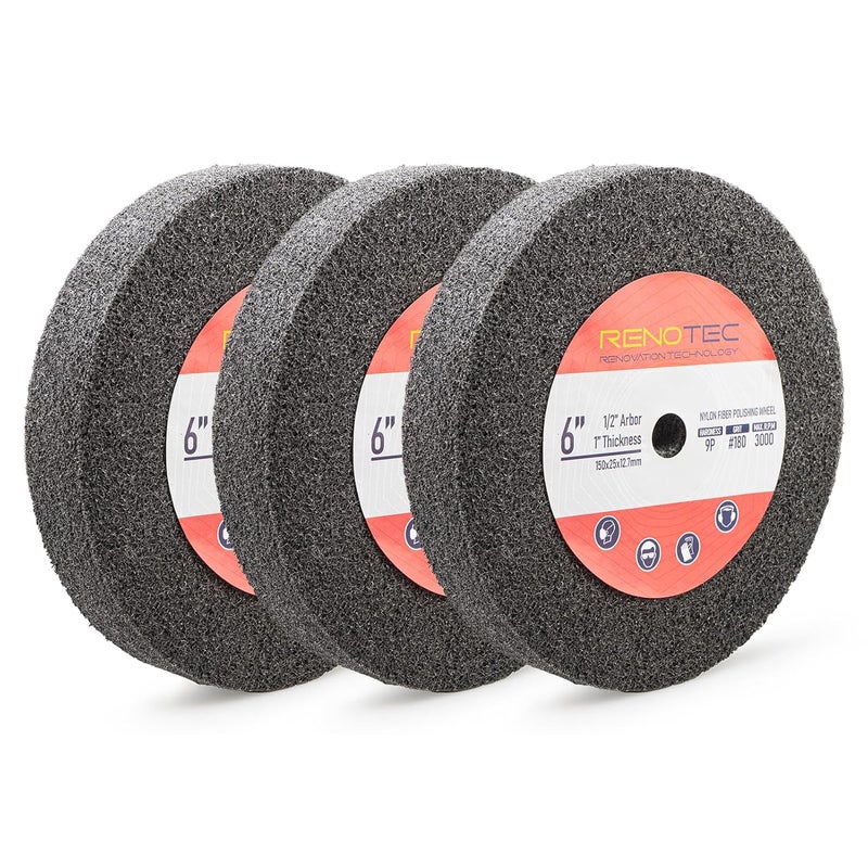 RENOTEC 6 inch 9P Hardness Deburring Wheel, Pack of 3, 180 Grit, Nylon Fiber Buffing Wheels. for Bench Grinder Buffing Machine Polishing Stainless Steel. 1/2 inch Arbor, 1 inch Thickness - Image 1